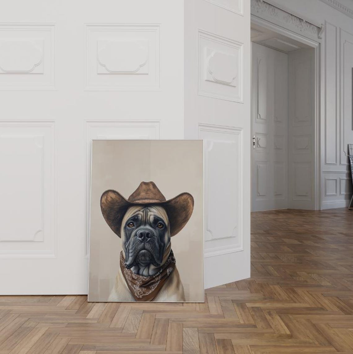 Cane Corso Cowboy Hat Portrait with Brown Bandana Neutral Poster