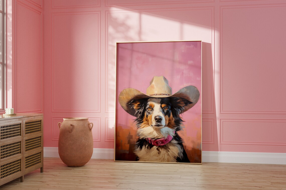 Vintage Dog Cowgirl Hat Print, Western Puppy Art - Image 2