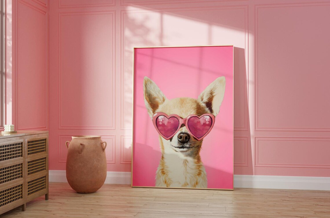 Smiling Chihuahua In Heart Sunglasses Bubblegum Pink Portrait Poster - Image 2