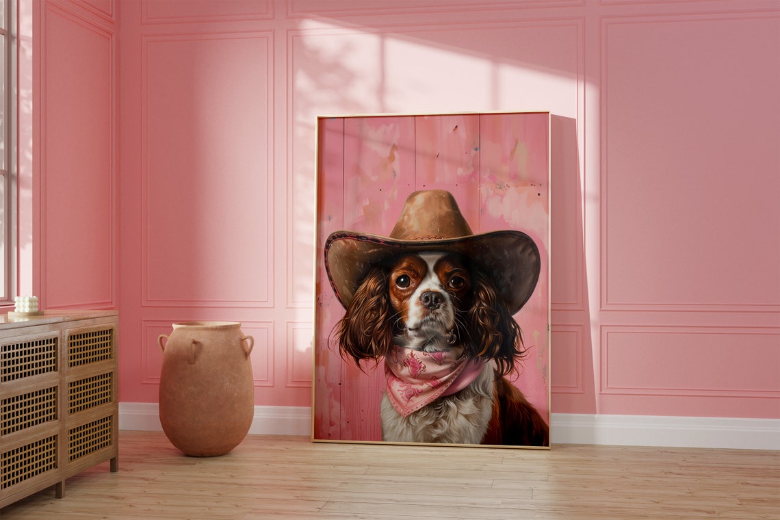 Cavalier King Charles Spaniel in Cowgirl Hat Pink Western Poster - Image 2