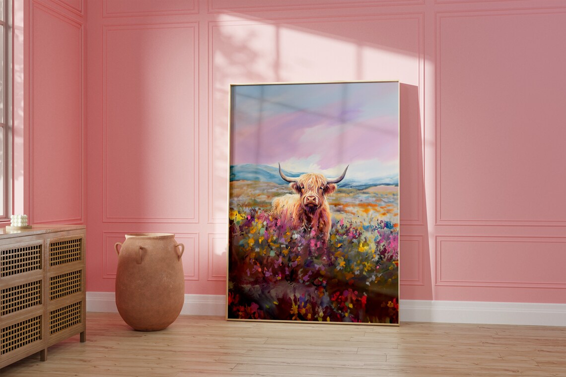 Highland Cow Print Pink Print Vintage Art Western Girly Preppy Trendy Wall Art Cow Lover Print Western Print Funky Western Art - Image 2