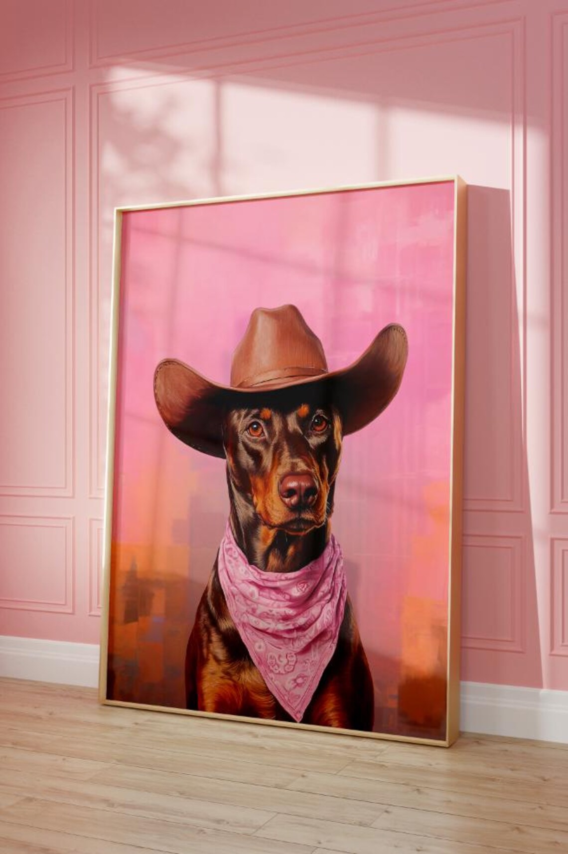 Doberman Dog Cowgirl Hat Print, Vintage Western Art