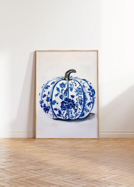 Preppy Autumn Pumpkin Art Print Chinoiserie Aesthetic Fall Print Preppy Pumpkin Cute Blue And White Decor Halloween Art