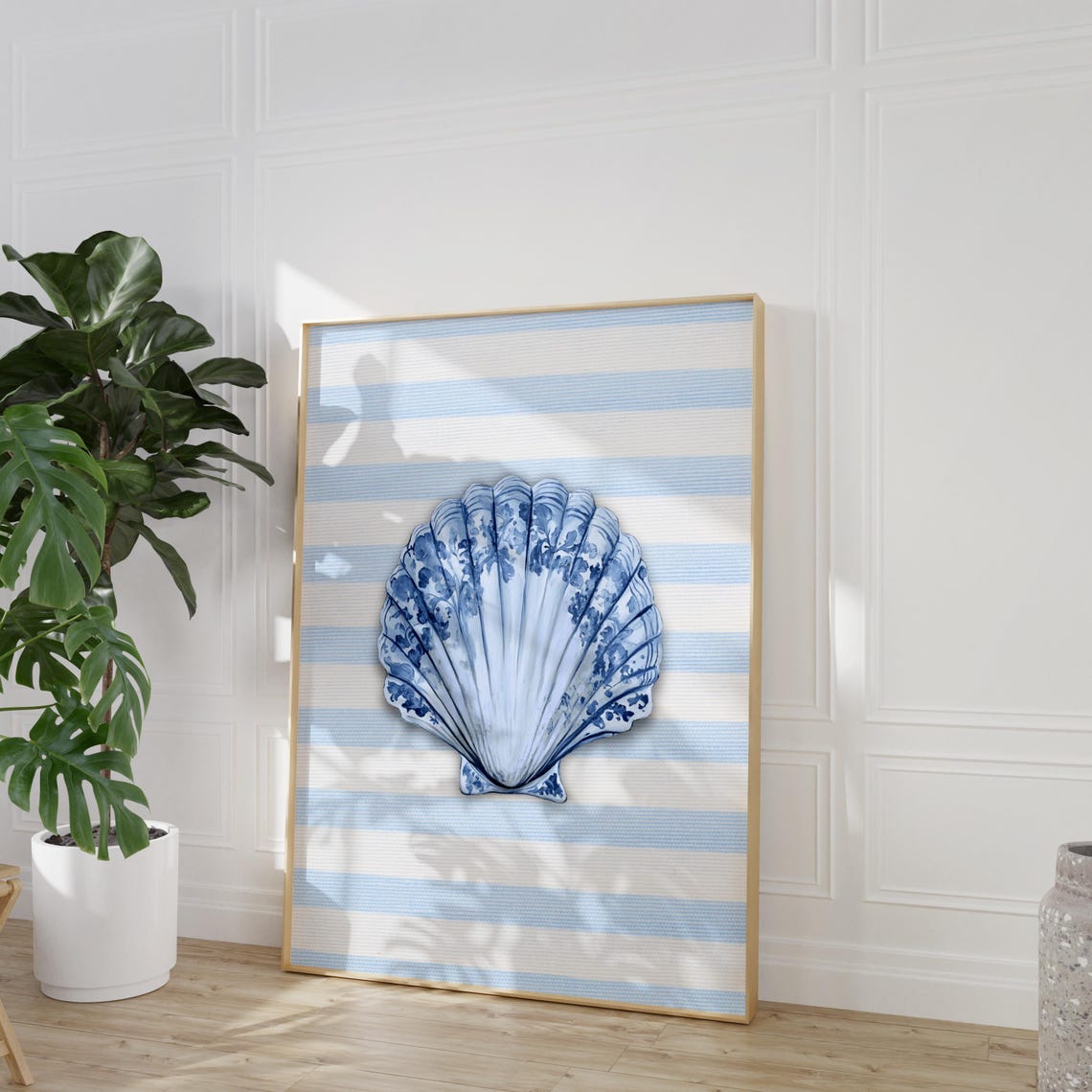 Blue Watercolor Scallop Shell on Striped Chinoiserie Coastal Poster - Image 2