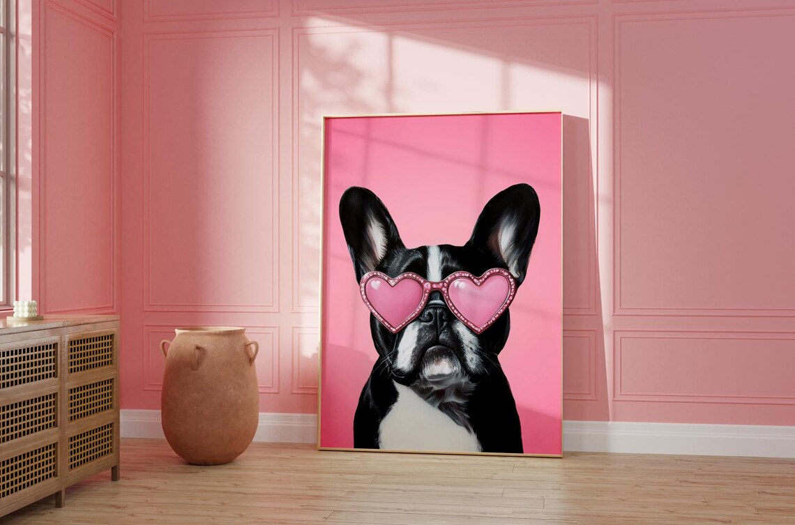 Black French Bulldog in Pink Heart Sunglasses Funny Pet Poster - Image 2