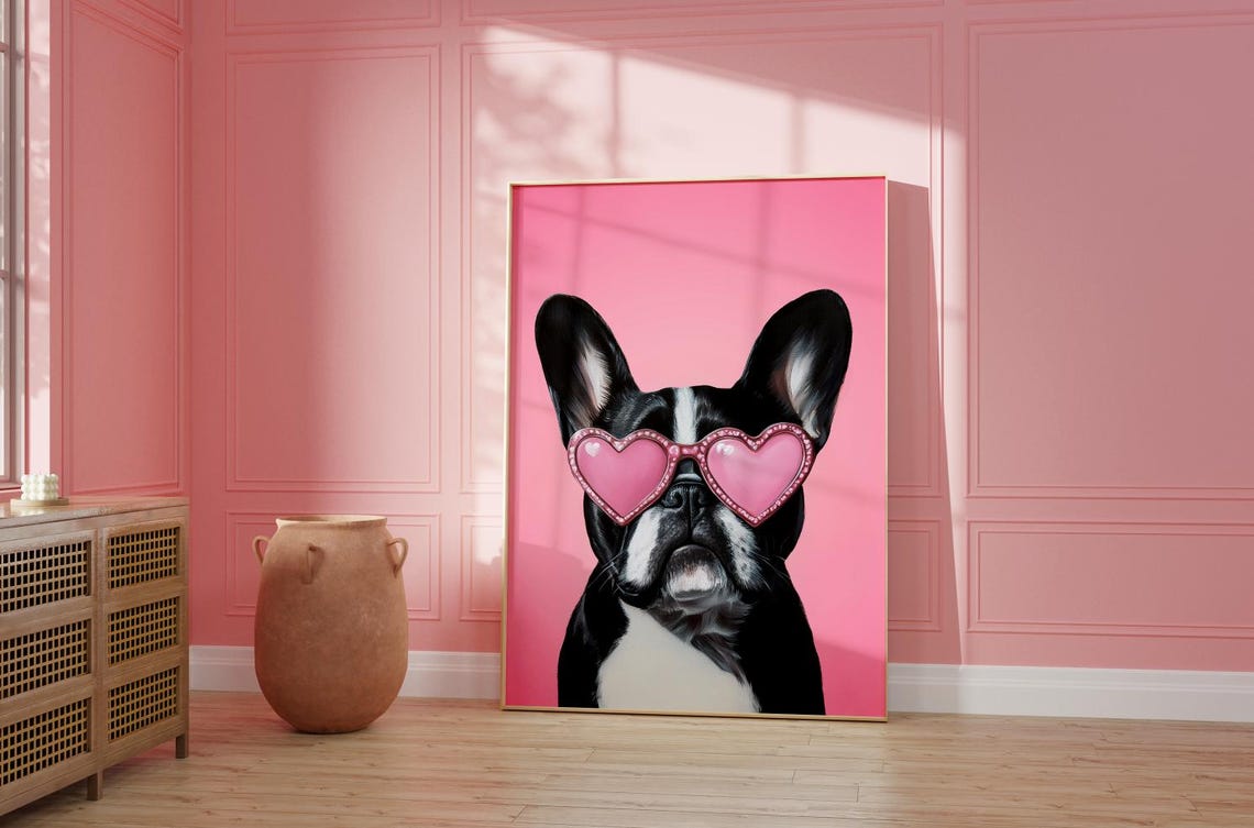 Pink Frenchie Print Funky Poster Preppy Art French Bull Dog Cute Pink Decor Dog Print Kids Room Frenchie Dog Print - Image 2