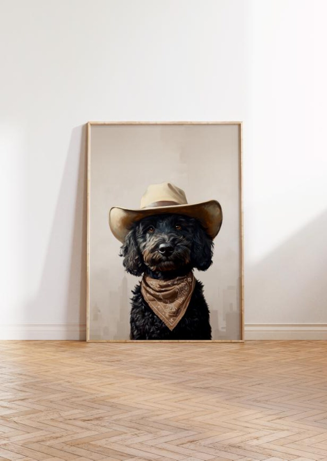 Black Doodle Dog Cowgirl Hat Vintage Western Art Print - Image 2