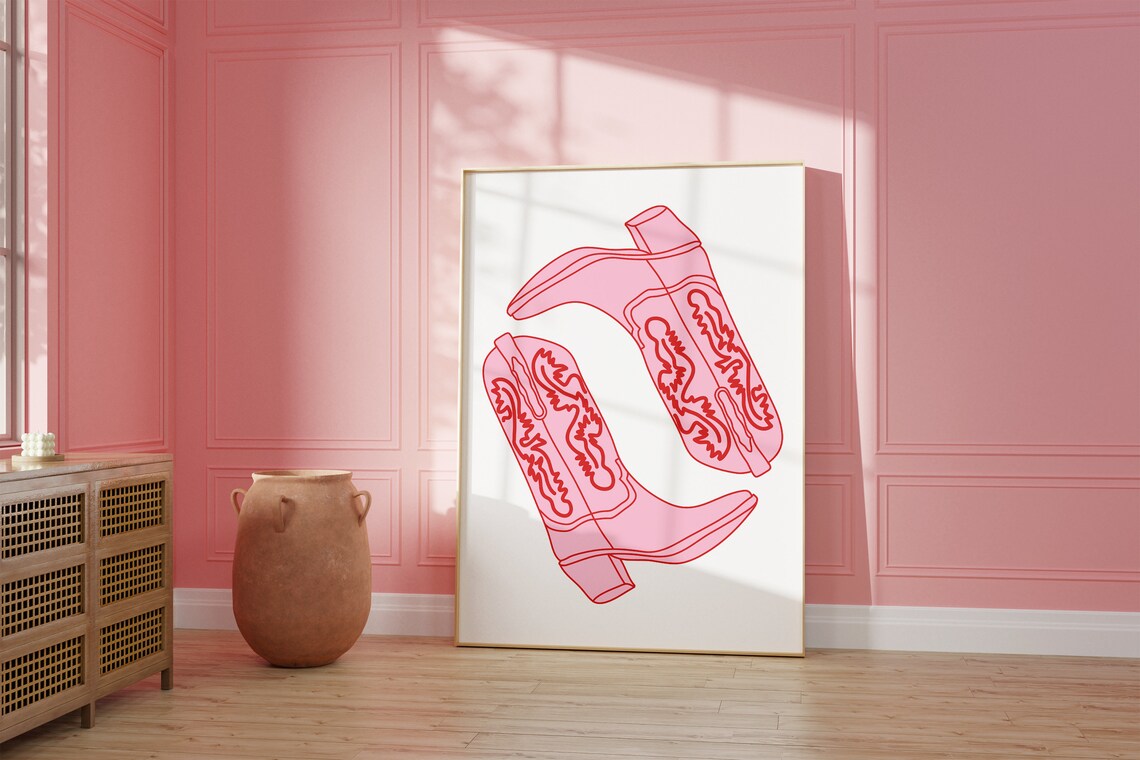 Pink Cowgirl Boots Line Art Red Outline Minimalist Western Wall Poster - Image 2