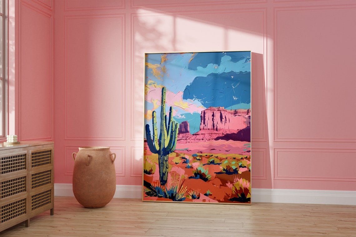 Vibrant Desert Saguaro Cactus And Red Rock Mesas Landscape Poster