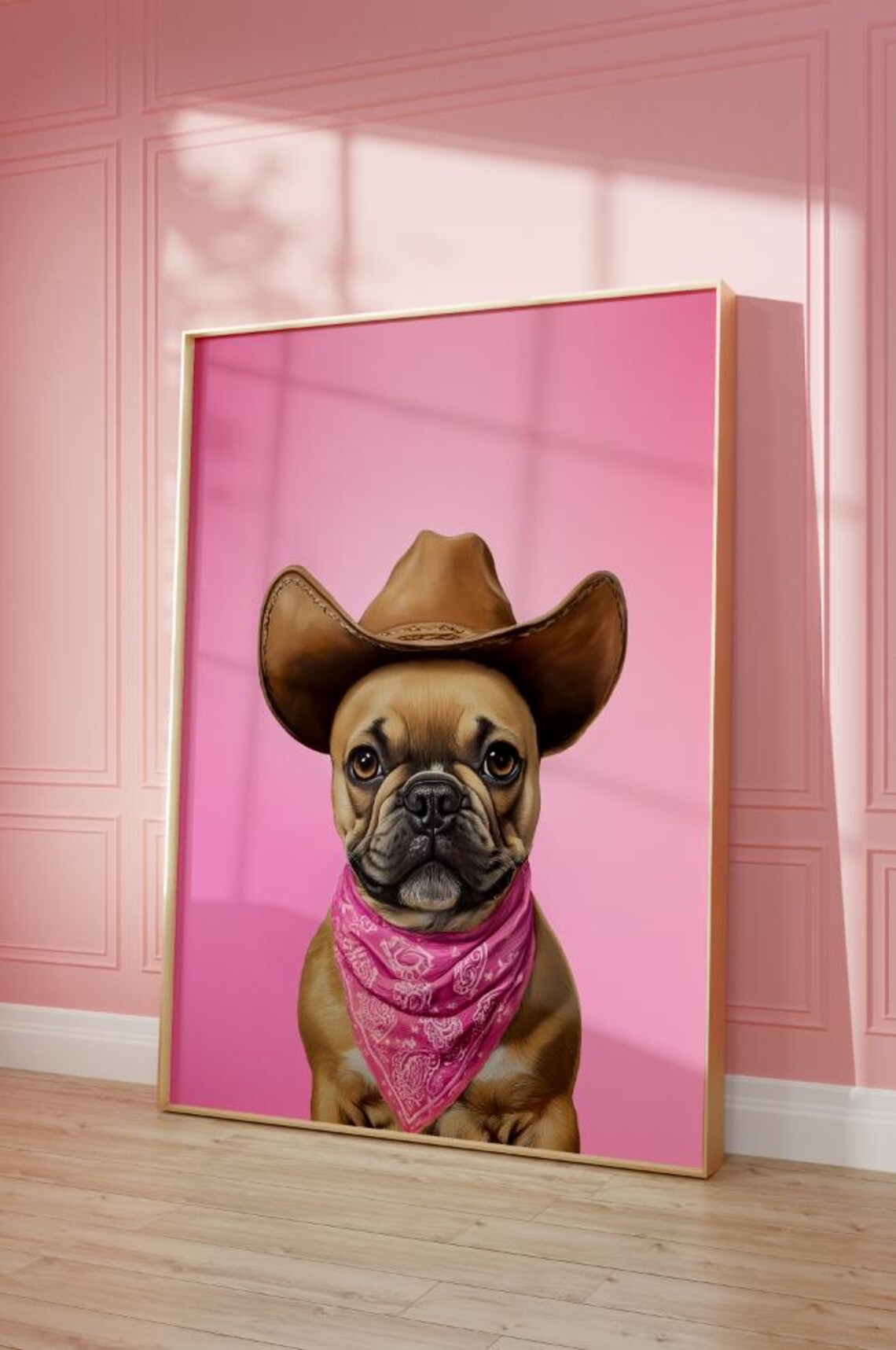 French Bulldog in Cowboy Hat and Pink Bandana Cute Dog Poster