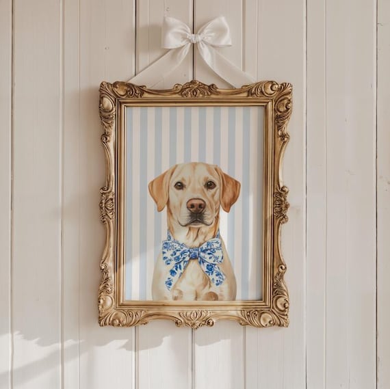 Preppy Yellow Labrador Art Print Blue Chinoiserie Dog Nursery Decor