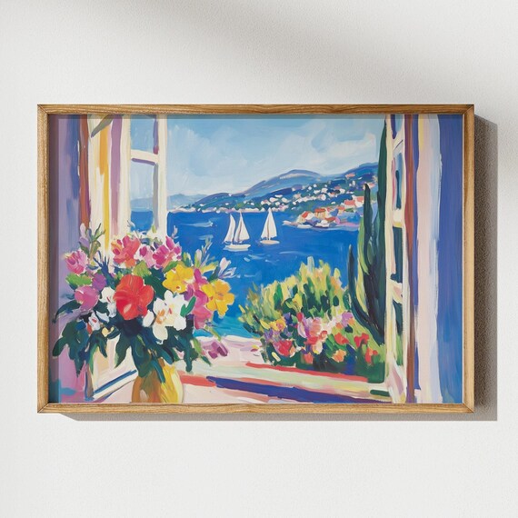 Open Window Mediterranean Coast Sailboats Flower Bouquet Travel Poster