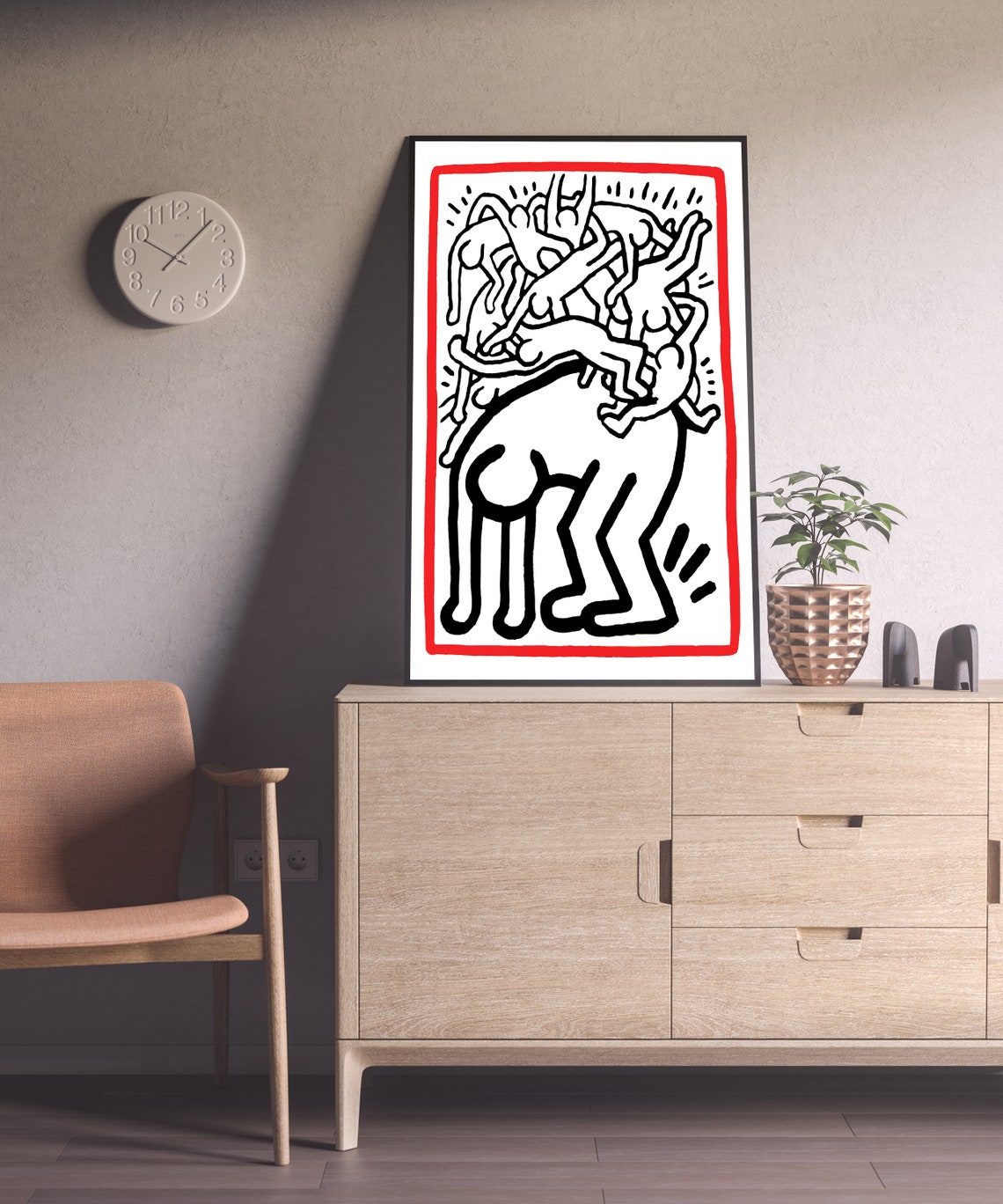 Keith Haring Dancing Figures Climbing Red Border Pop Art Poster - Image 2