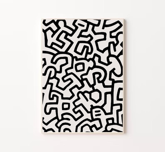 Keith Haring Black and White Maze Dancing Figures Vintage Poster