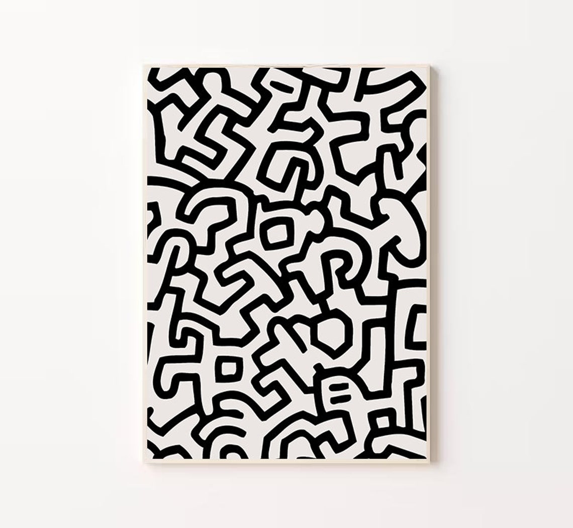 Keith Haring Black and White Maze Dancing Figures Vintage Poster