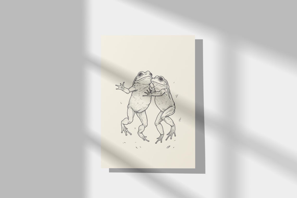 Two Dancing Frogs Japanese Ink Sketch Humorous Animal Wall Art - Image 3