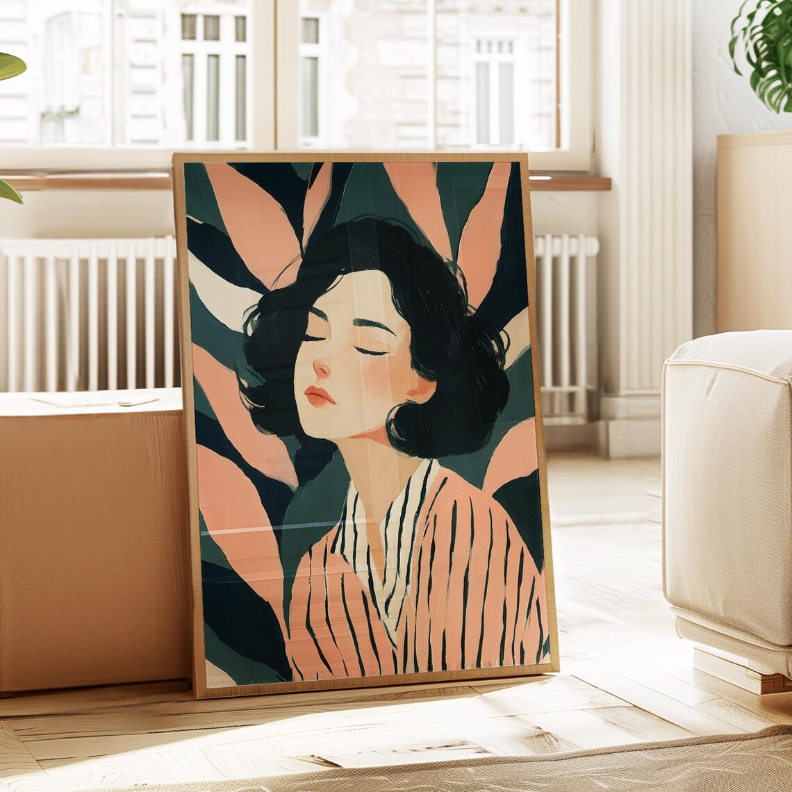 Modern Woman Portrait Tropical Leaves Minimalist Fashion Poster