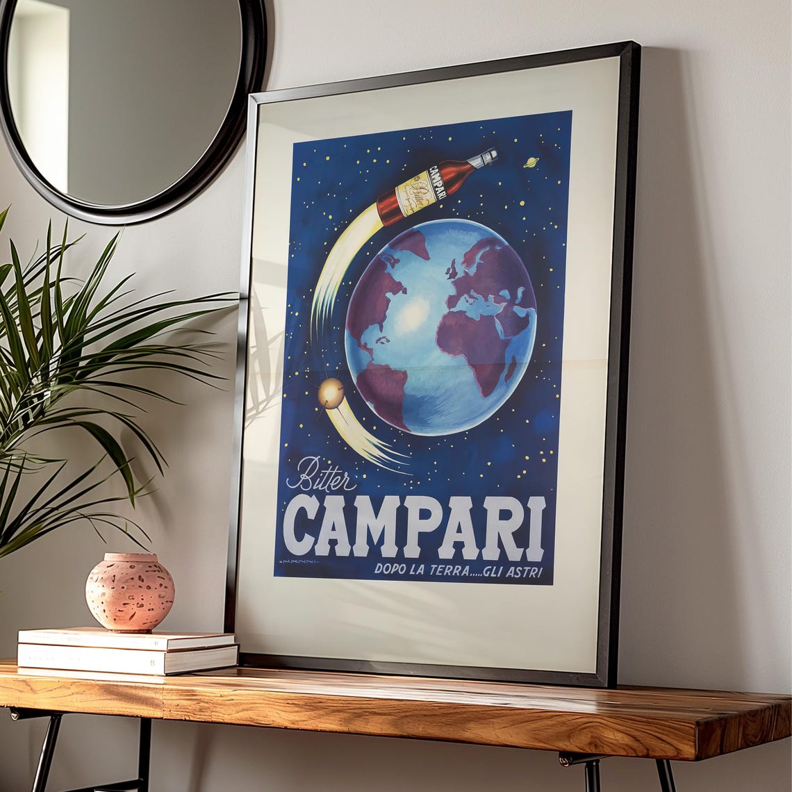 Bitter Campari Italian Advertising Retro Bottle Orbiting Earth Poster - Image 2