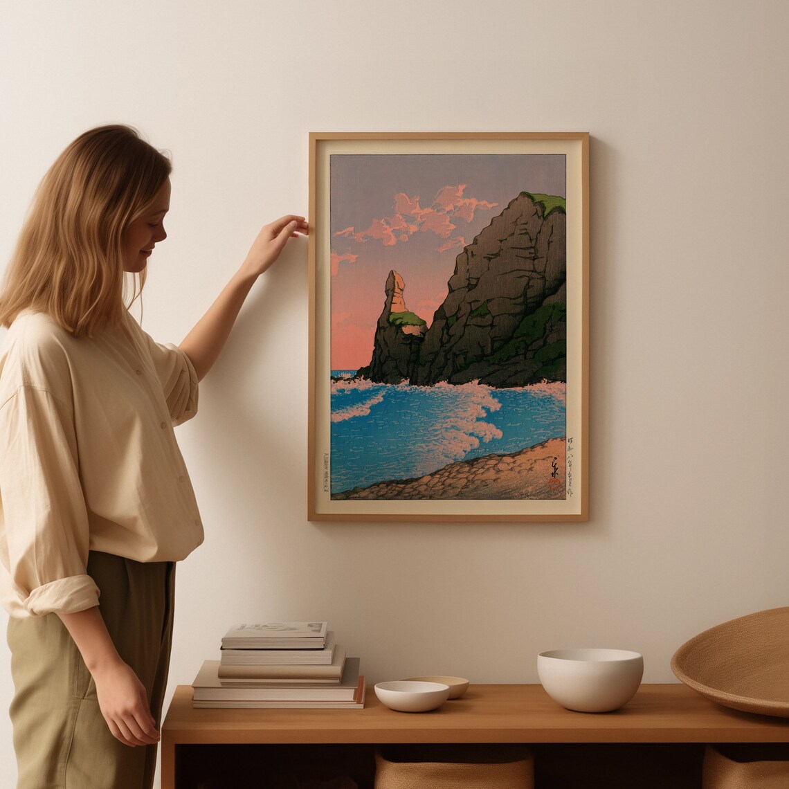 Vintage Japanese Coastal Cliff Sunset Waves Woodblock Art Poster - Image 3