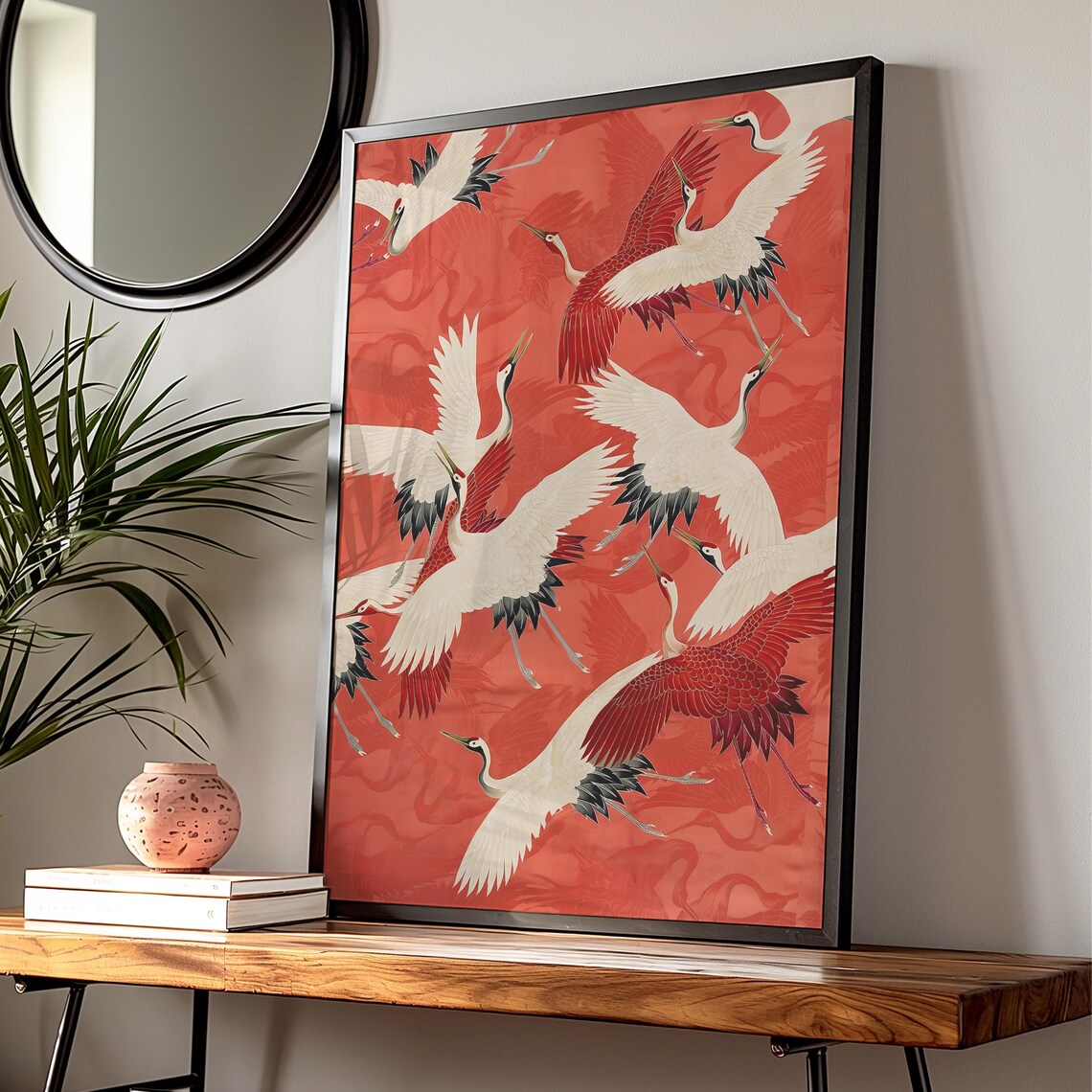 Red and White Cranes Japanese Kimono Style Vintage Bird Art Poster - Image 2