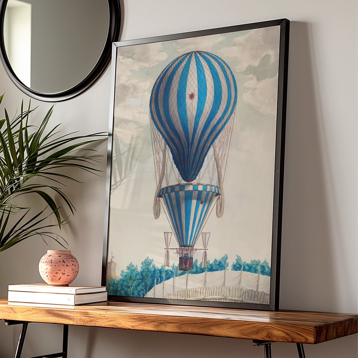 Blue White Striped Hot Air Balloon Vintage Ballooning Art Print - Image 3