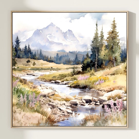 Colorado Landscape Watercolor Painting Neutral Art Print Mountain Artwork Foggy Forest Square Poster Wall Art By Totoron