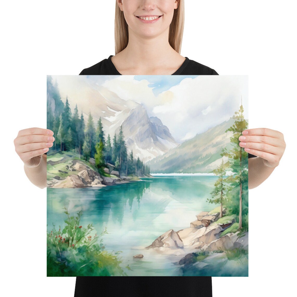 Mountain Landscape Lake Braies Watercolor Poster - Image 2