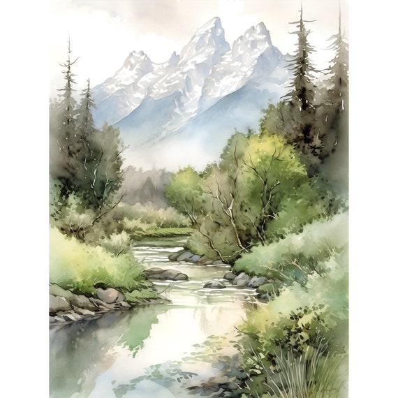 Mountain River Watercolor Painting Print