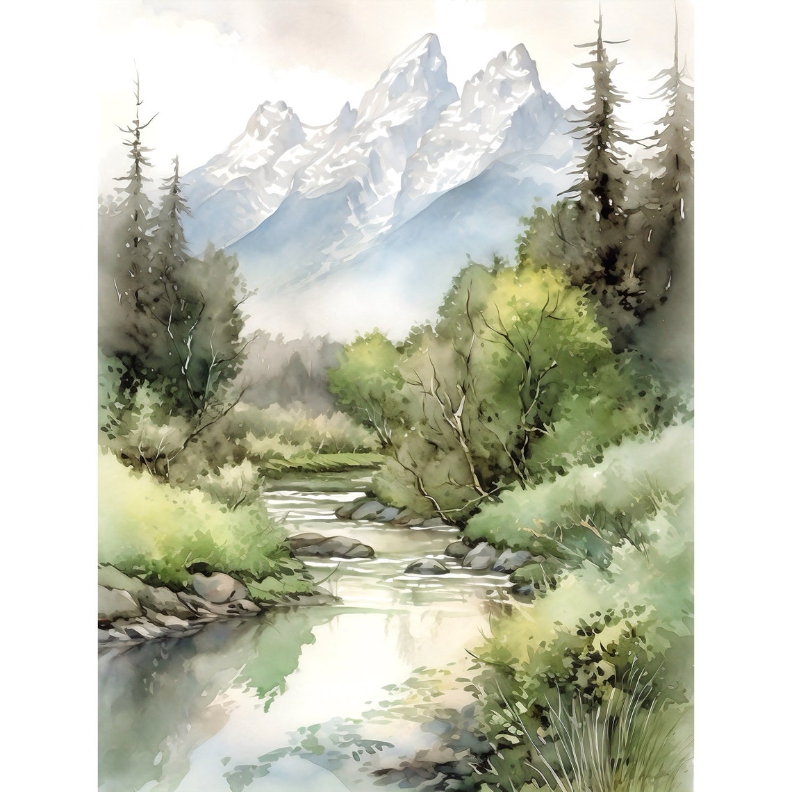 Mountain River Watercolor Painting Print