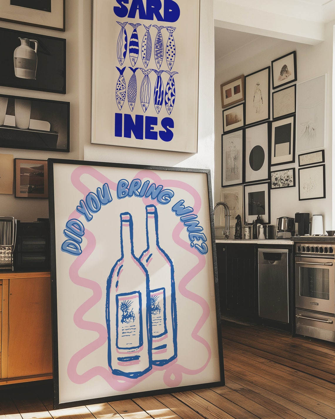 Did You Bring Wine Funny Blue Wine Bottles Pink Kitchen Wall Poster - Image 2