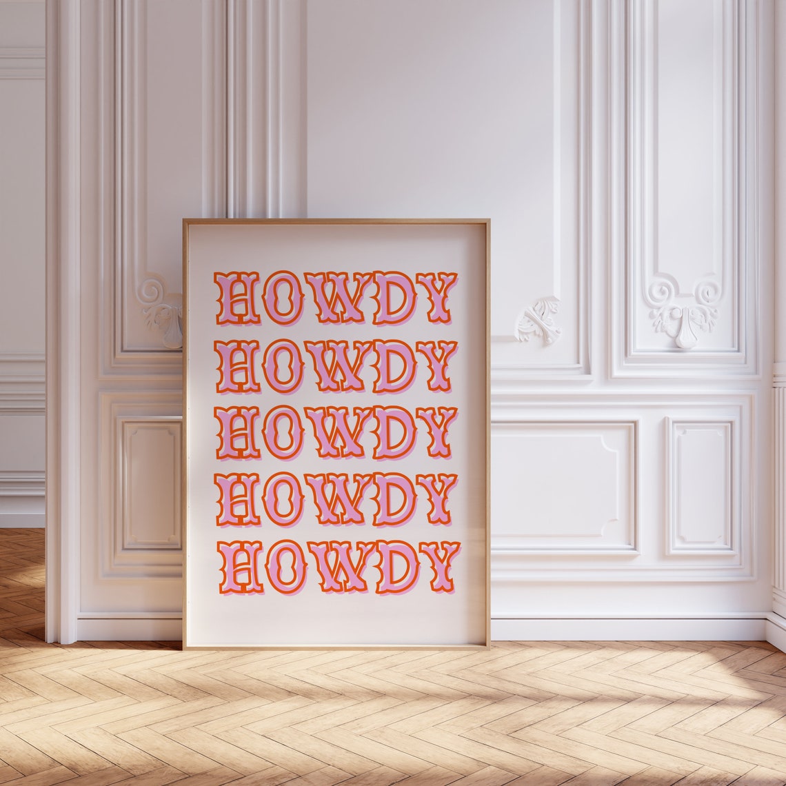 Howdy Western Typography Five Row Pink Orange Retro Hallway Art Print - Image 2
