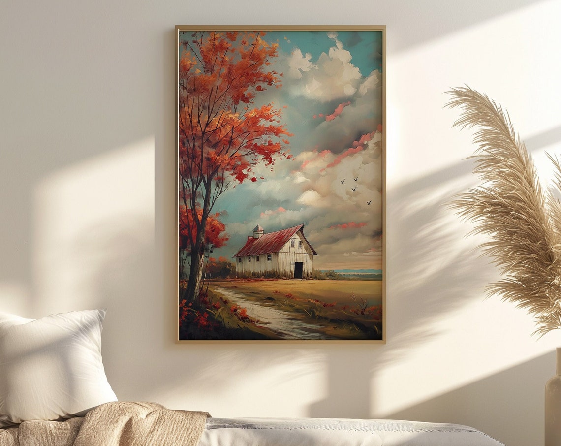 White Barn With Red Roof Fall Farm Autumn Landscape Art Print - Image 3