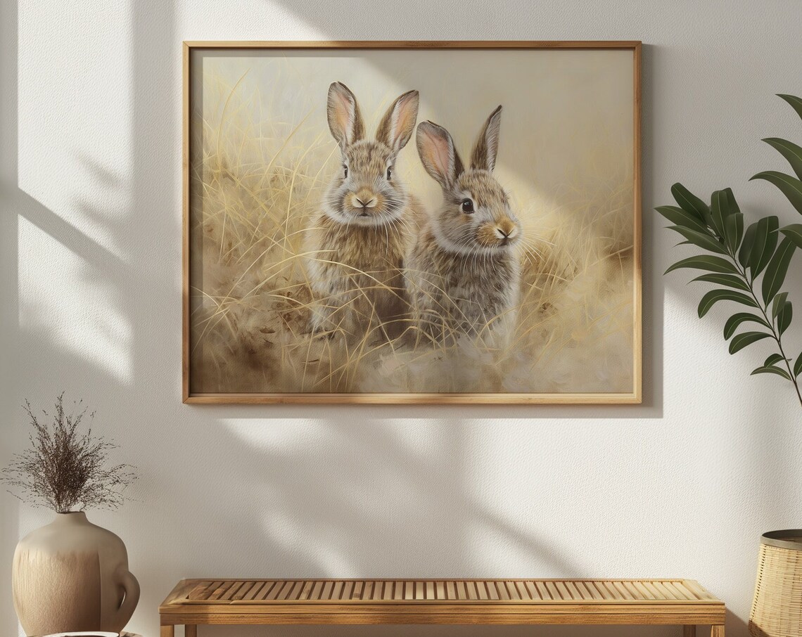 Two Rabbits in Golden Wheat Field Soft Watercolor Wildlife Wall Art - Image 3