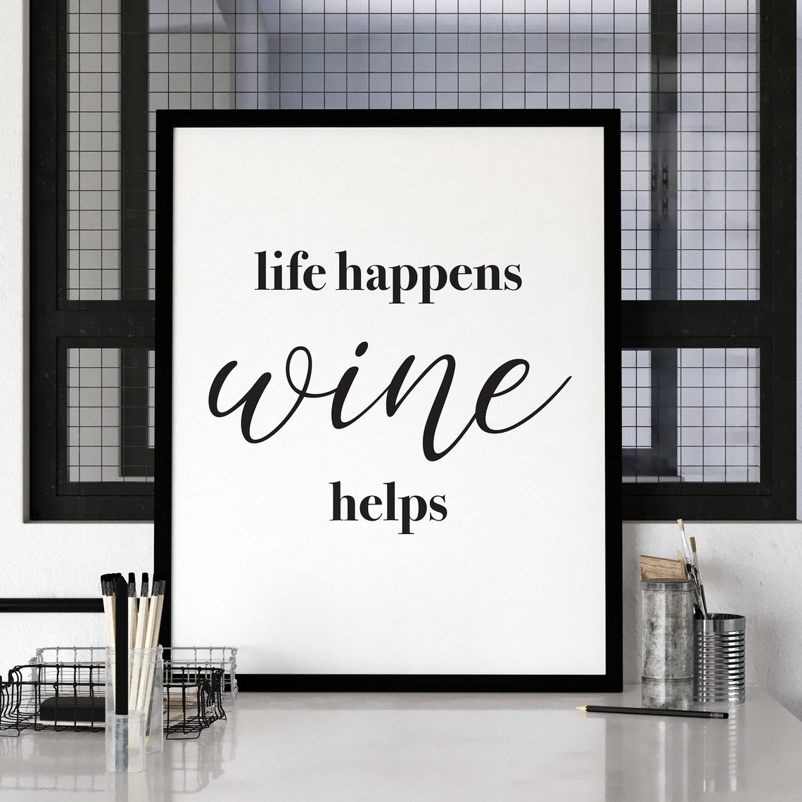 Life Happens Wine Helps Script Typography Quote Kitchen Decor Poster - Image 2