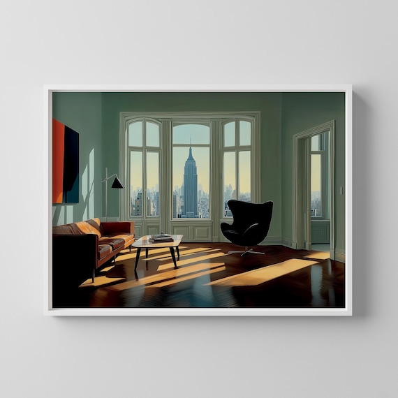 Sunlit New York Living Room Tall Windows Skyline View Art Poster