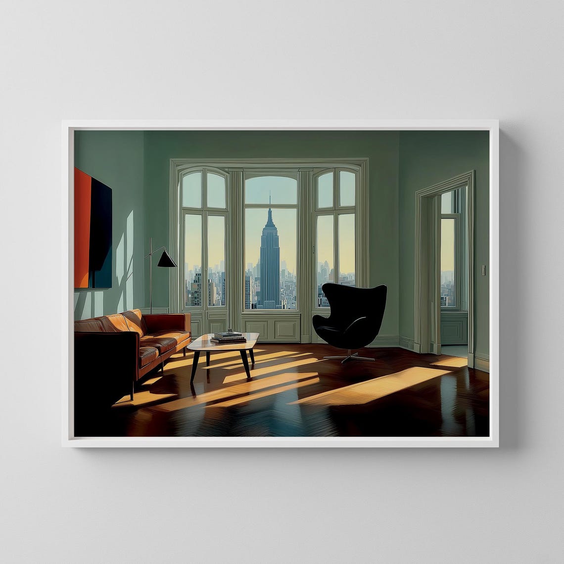 Sunlit New York Living Room Tall Windows Skyline View Art Poster
