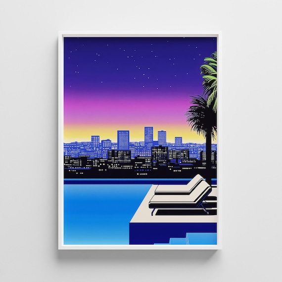 Retro 80s City Skyline Sunset Infinity Pool Vaporwave Art Print