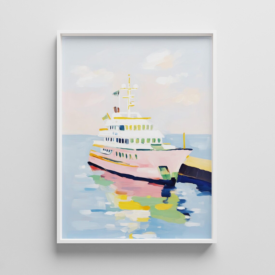 Pastel Pink Yacht Docked at Sunny Harbor Coastal Painting Poster