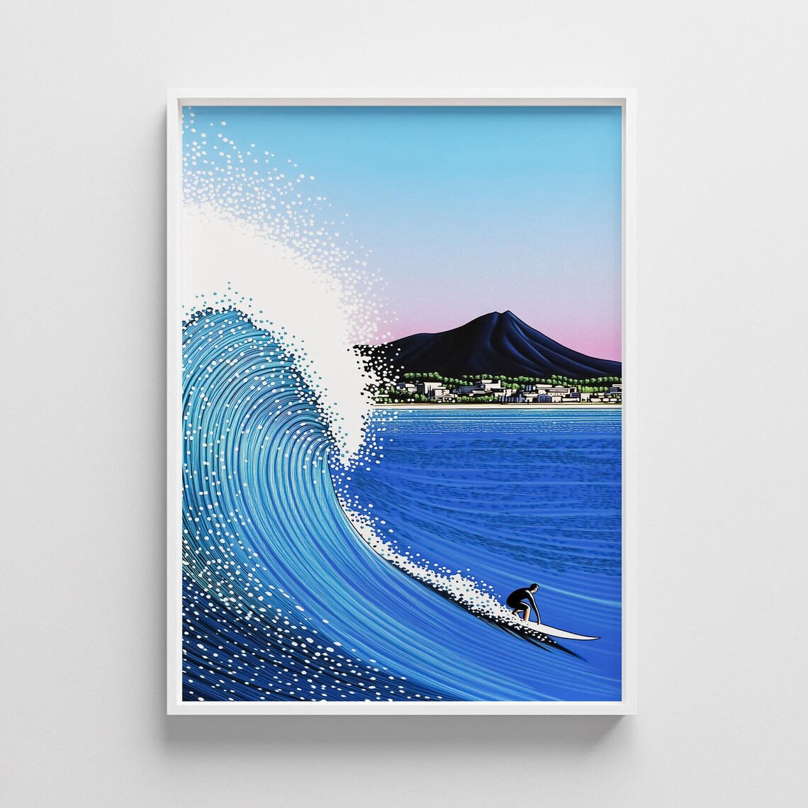 Japanese Surfer Riding Giant Wave Vintage Style Ocean Poster
