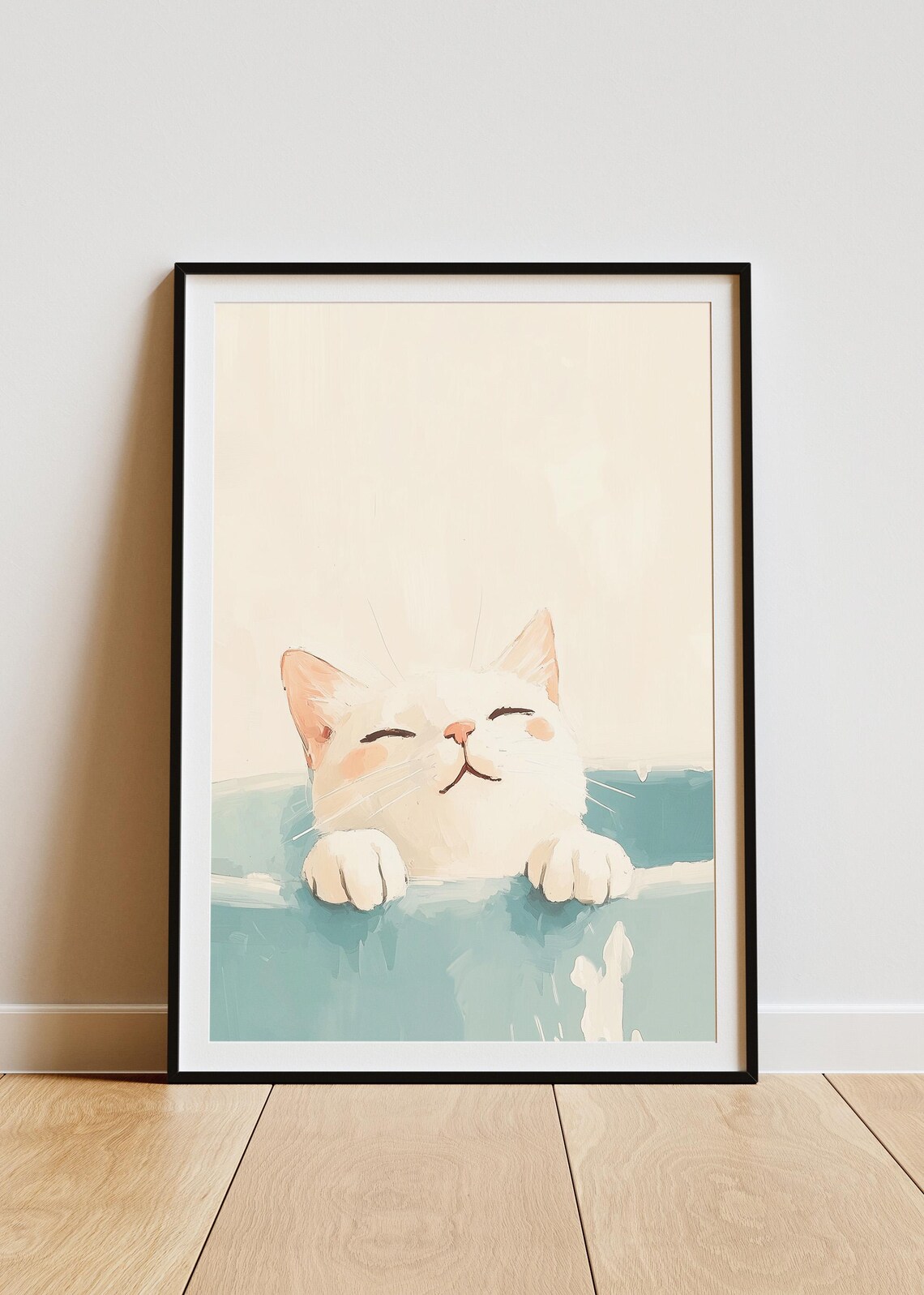 White Cat Relaxing in Bathtub Cute Watercolor Bathroom Art Poster