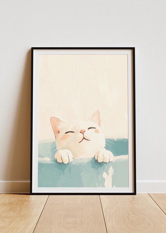 White Cat Relaxing in Bathtub Cute Watercolor Bathroom Art Poster