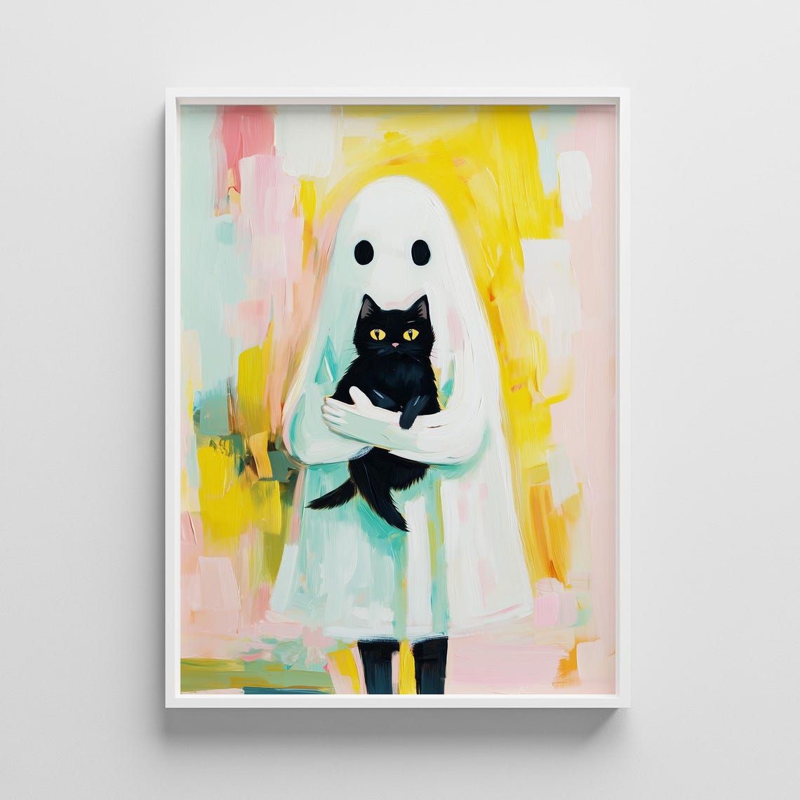 Friendly Ghost Hugging Black Cat Cute Pastel Halloween Poster