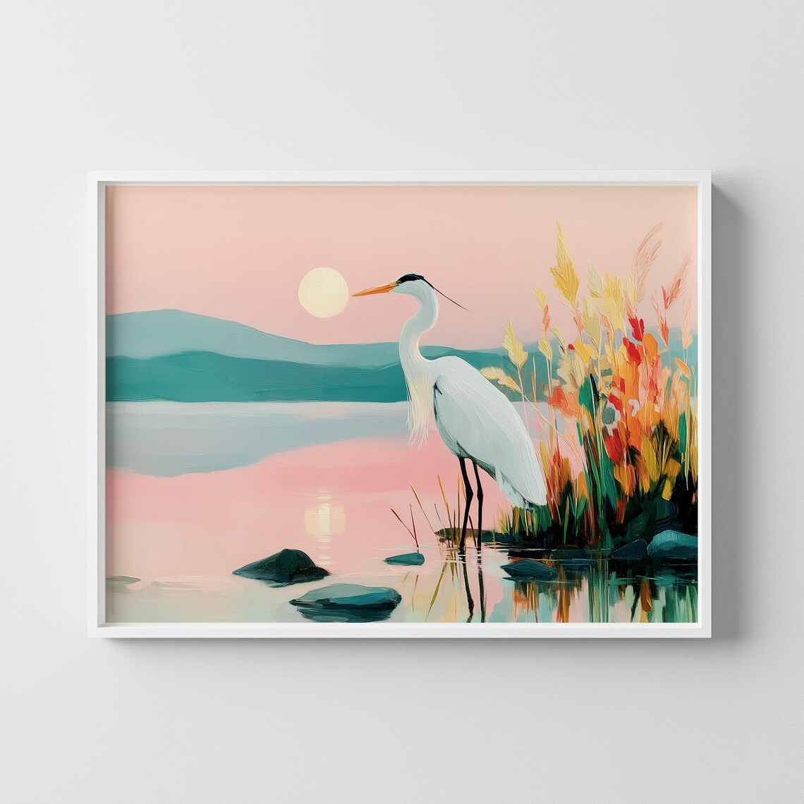 Great Egret at Sunset Lake with Reeds Pastel Wildlife Poster