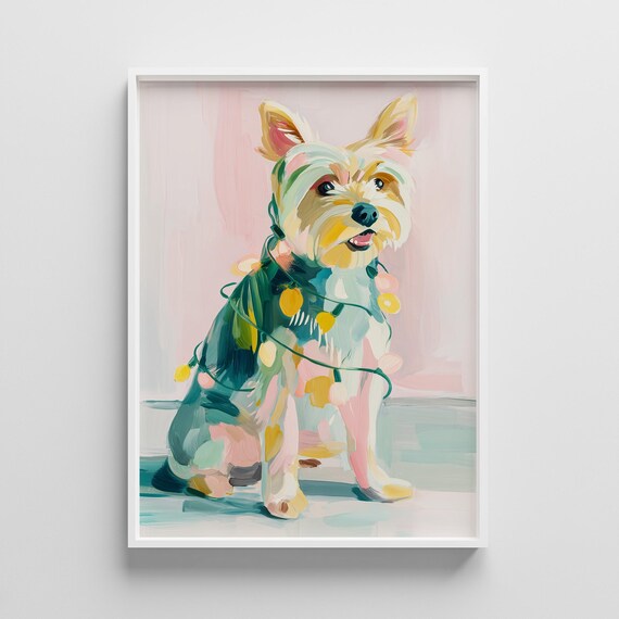 Yorkshire Terrier Dog Christmas Lights Pastel Painting Poster