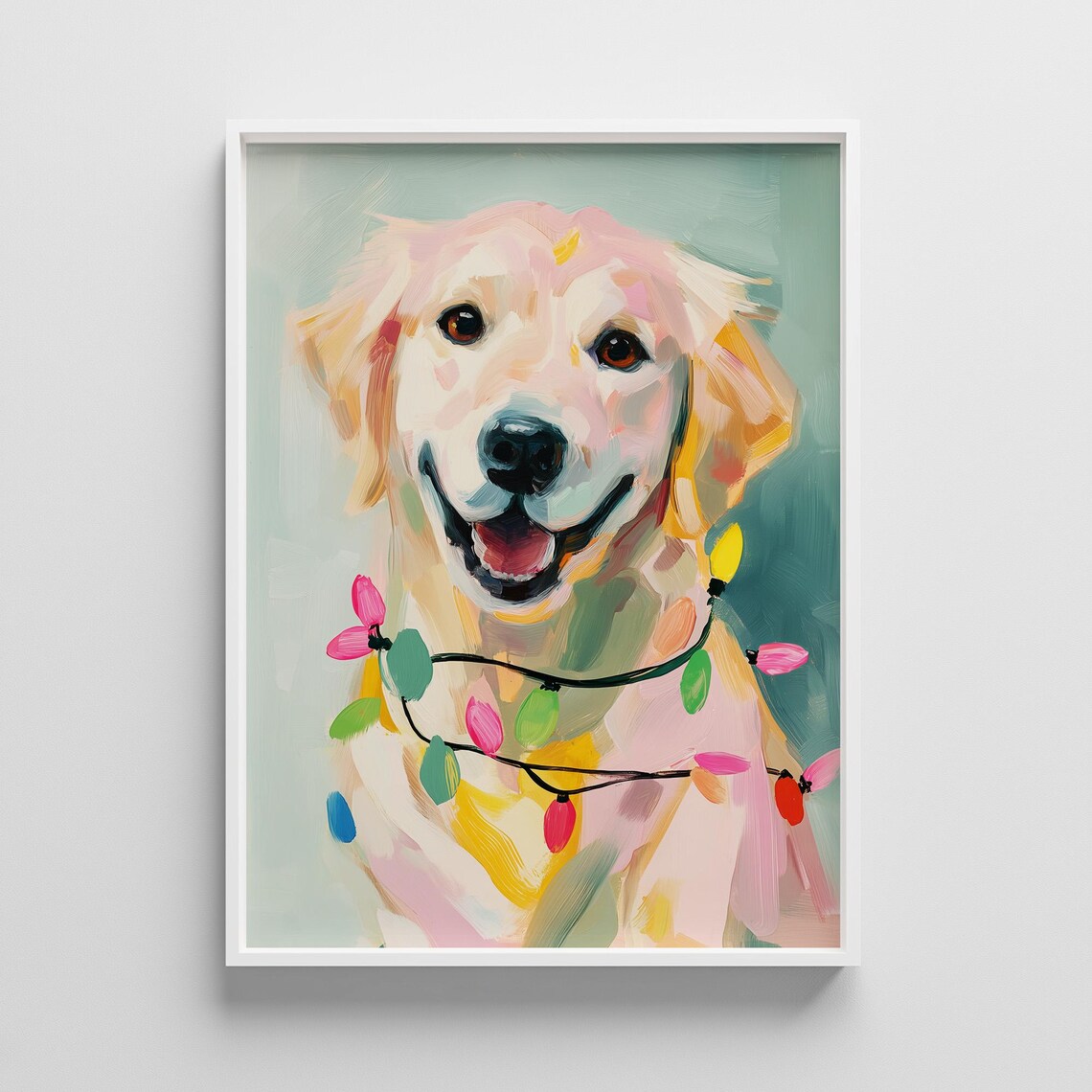 Happy Yellow Labrador Dog Christmas Lights Pastel Painting Poster