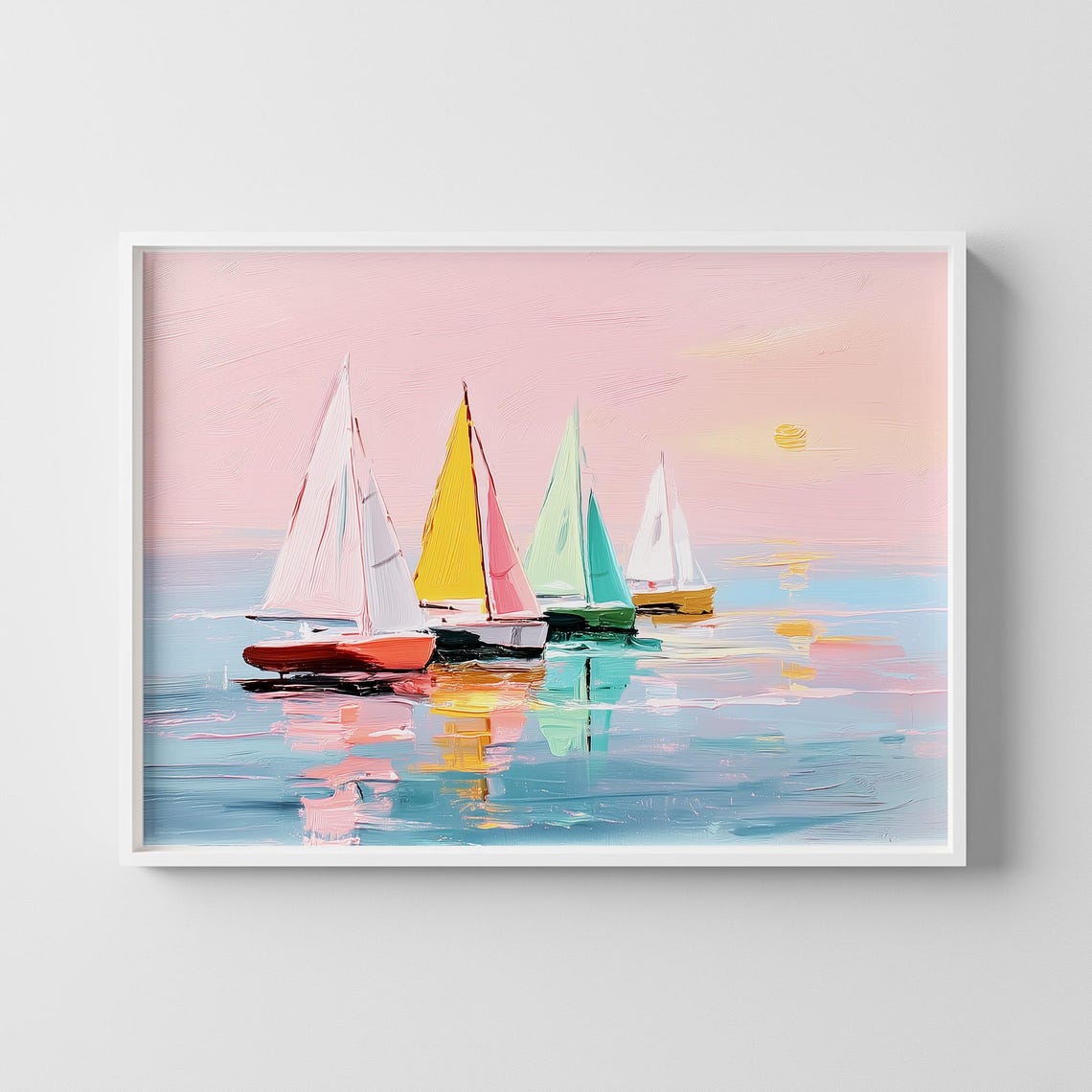 Coastal Sailboats Painting Abstract Pink Ocean Art