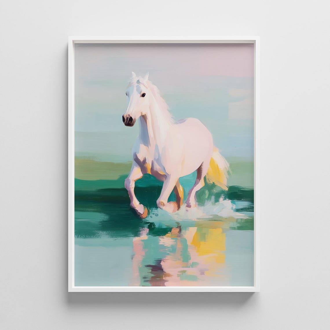 White Horse Galloping Through Water Pastel Equestrian Art Poster