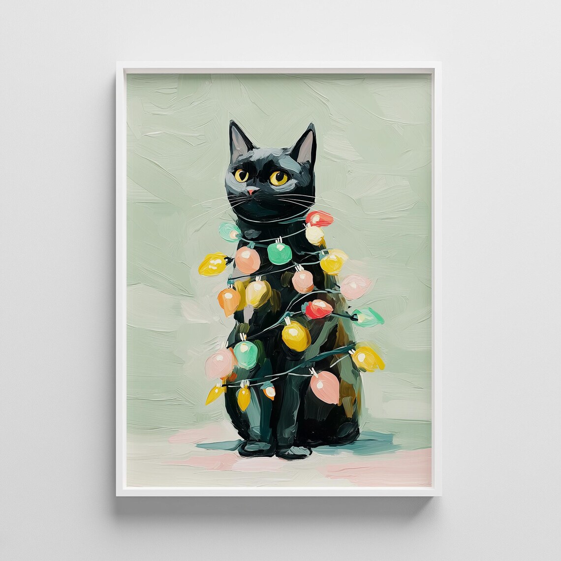 Black Cat Tangled in Christmas Lights Festive Painting Print