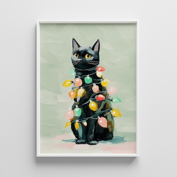 Black Cat Tangled in Christmas Lights Festive Painting Print
