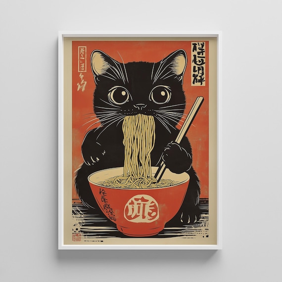 Black Cat Eating Ramen Red Japanese Woodblock Cute Kitchen Art Poster